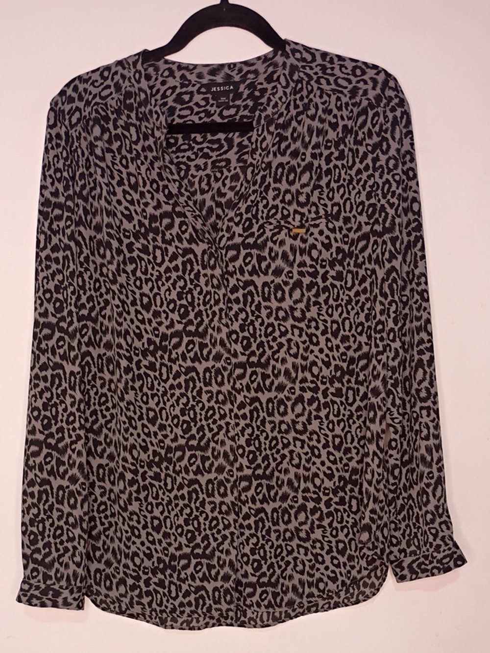 Jessica Black and Grey Leopard Print V- Neck Long Sleeve Shirt/ Blouse